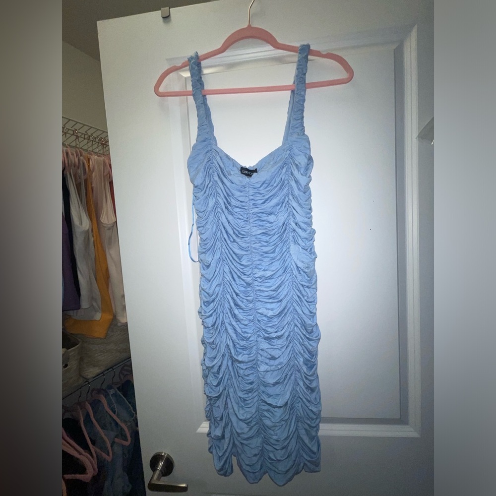 Bebe blue ruched cocktail dress NWT
